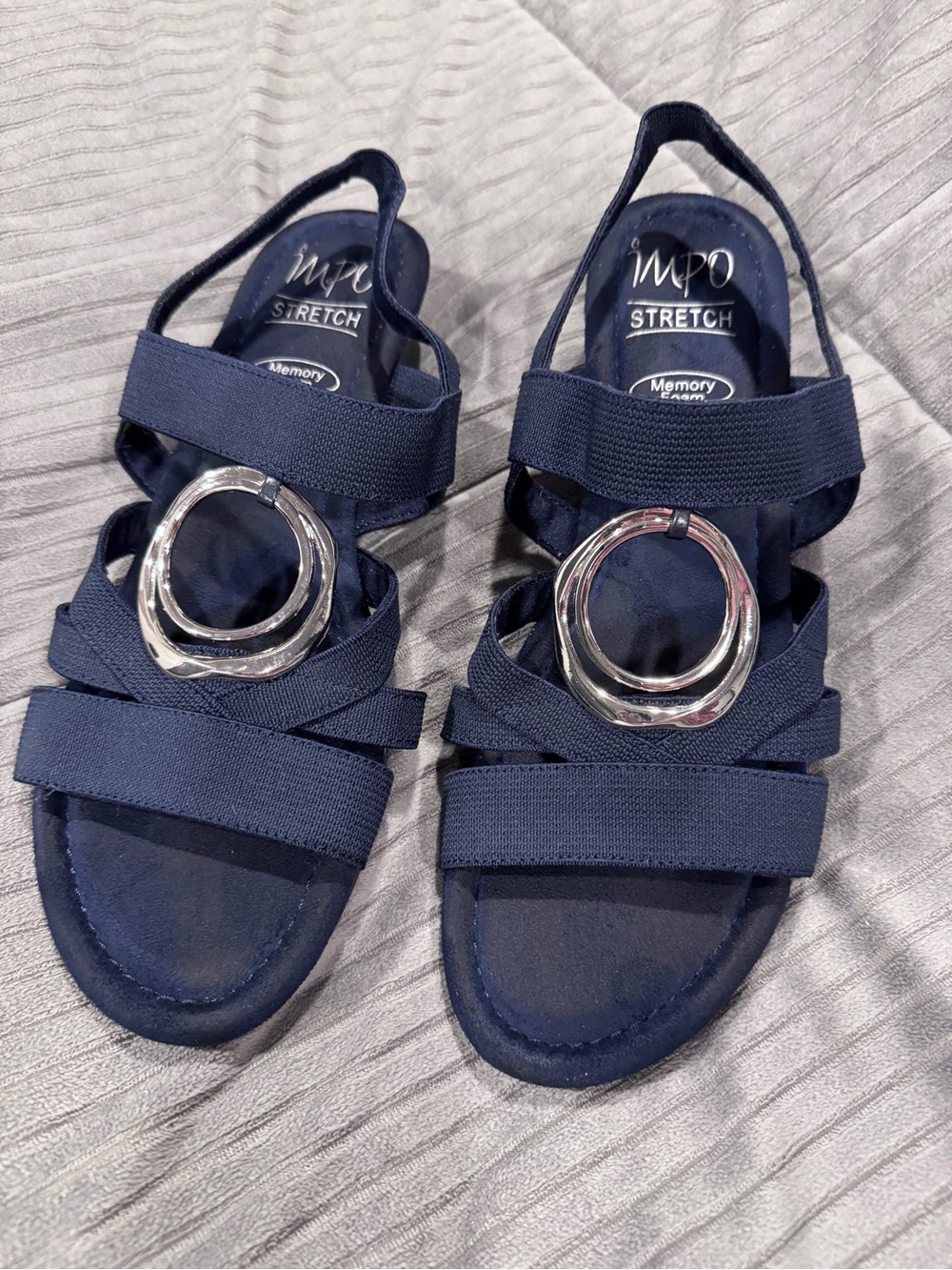 Impo Navy Stretch Slingback Memory Foam Sandals with Silver Ring (Gwen) Size 10M